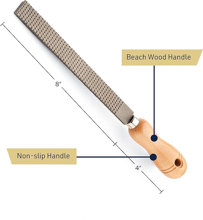 8” Flat File Tool - High Quality Steel Flat Metal File Woodworking Rasp with 4” Beech Wood Handle - Durable and Long-Lasting Wood Rasps for Woodworking to Level or Bevel Corners by Kings County Tools