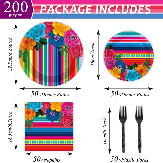 200pcs Mexican Fiesta Plates Napkins Floral Paper Tableware Set Fifth of May - Image 2