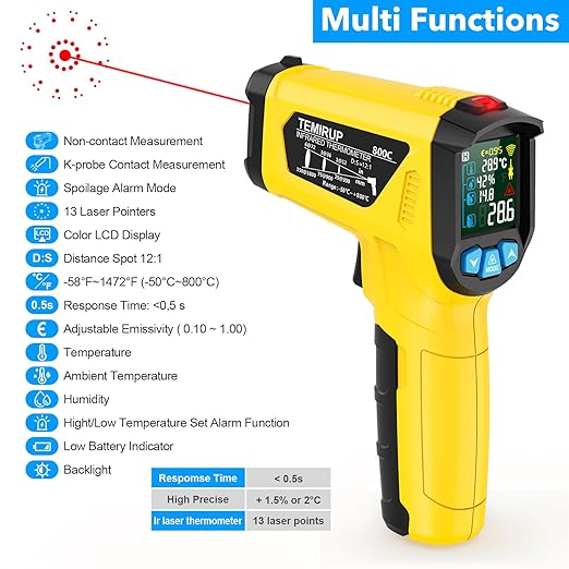 Infrared Thermometer Gun, TEMIRUP Digital Laser Temperature Gun - Non Contact IR Temp Gun with Adjustable Emissivity & Thermocouple Probe for Cooking, Pizza Oven, Griddle, HVAC (-58°F to 1472°F)