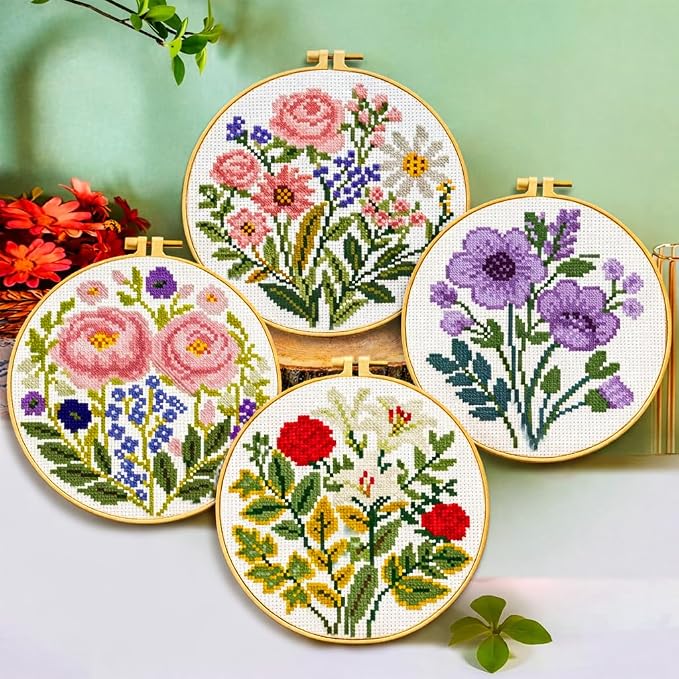 Zhenqing 4-Piece Floral Cross Stitch Kit - Image 2