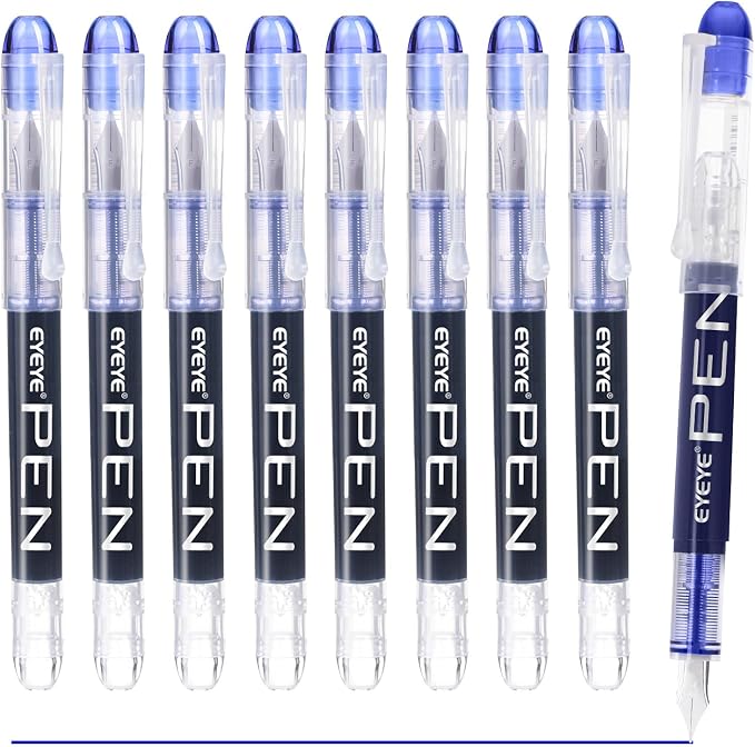 EYEYE Fountain Pens for Writing, 9 Pack Blue Disposable Fountain Pens Stainless by eyeye