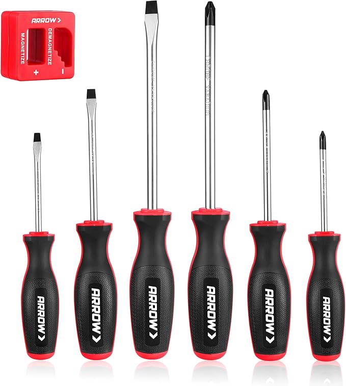 ARROW 6-Piece Magnetic Screwdriver and Magnetizer/Demagnetizer Set, Premium Cr-V Steel Screwdriver Set with Non-Slip Cushion Grip, Magnetic Phillips and Flathead Tips, for Home Improvement
