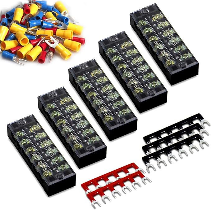 MILAPEAK Terminal Block and Strip - 5pcs 6 Positions 600V 25A Dual Row Screw Terminals Strip with Cover+5pcs Pre-Insulated Barrier Jumper Strips Black & Red + Spade Fork Wire Connectors