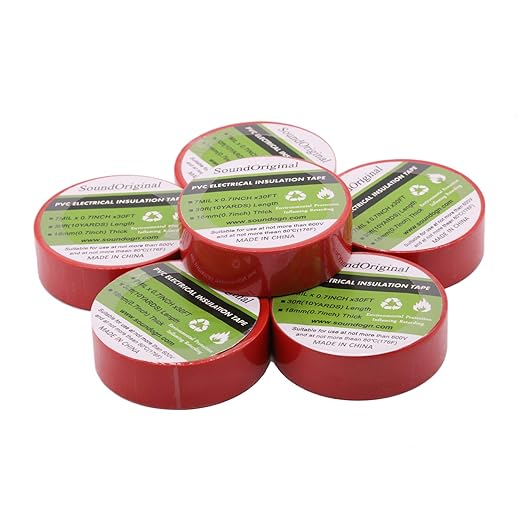 Electrical Tape Red 6 Pack 3/4-Inch by 30 Feet, Voltage Level 600V Dustproof, Adhesive for General Home Vehicle Auto Car Power Circuit Wiring Red