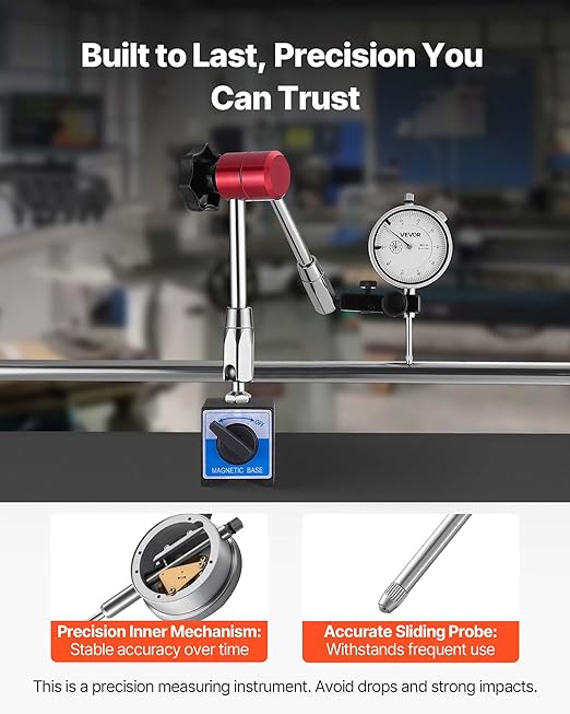 VEVOR Dial Test Indicator with Magnetic Flexible Base Stand, 0.001 inch Accuracy, 0-1 inch Range, Fine Adjustable Long Arm, Professional for Machine Set-Up, Narrow Area Measurement, Easy to Read