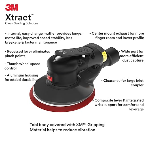 3M Random Orbital Sander, Xtract Pneumatic 88959, 6 in, Self-Generated Vacuum, 5/16 in Orbit, Ergonomic and Lightweight ROS, 209W Motor, Dust Extraction
