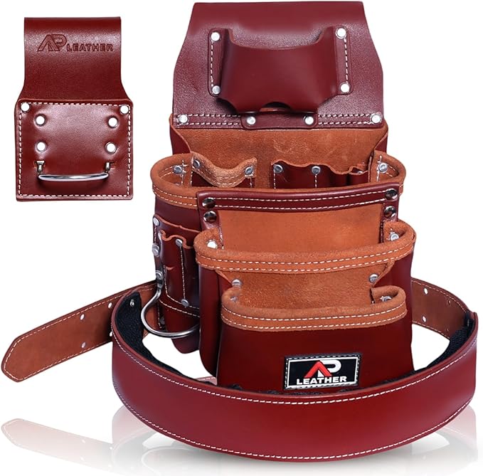 Pro-015 Leather Tool Pouch for Construction,Heavy Duty Hammer Holder,Buckle,3 Pocket Large with Belt, 12 Small Pocket, Tool Organizer