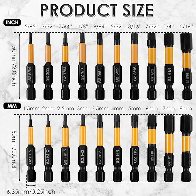 20Pcs Impact Hex Head Allen Wrench Drill Bit Set S2 Alloy Magnetic 1/4inch Quick Release Shank Screw Driver Drill Bit for Home Repair