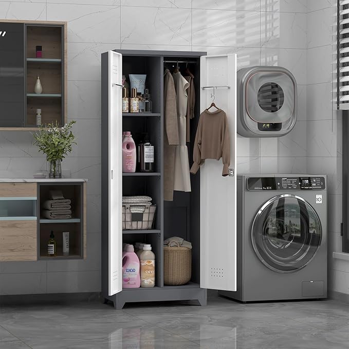 Broom Storage Cabinets, 65" Tall Broom Closet with Hanging Rod, Utility Closet Storage Cabinets with Doors and Shelves, Cleaning Tool Cabinet for Utility Room, Bathroom