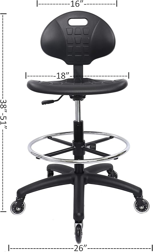 CHAIR MASTER Drafting Stool - Easy to Clean! Ergonomic Polyurethane Chair. Seat Height Adjustable w/Heavy Duty Footring for Home, Automotive, Lab, Cleanroom (Soft Roller Blade Casters, Tall Stool)