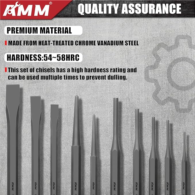 AMM 16PCS Punch and Chisel Set, including Taper Punch, Cold Chisels, Pin Punch and Center Punch, Cr-V for Working with Wood, Metal, Automotive