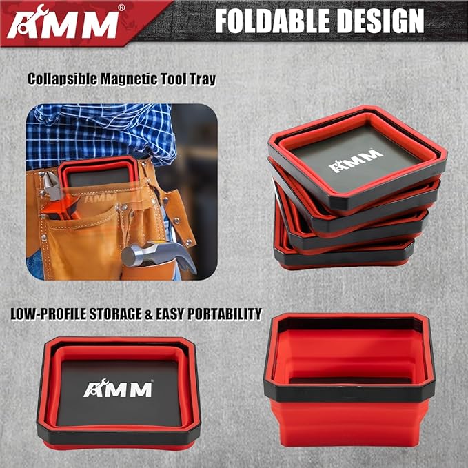AMM Magnetic Tray, 4 PC Foldable Magnetic Tool Tray Set for Bolts Screws Nuts & Small Metal Parts, Mechanic Tool Present for Men, 4.5 Inch Square (4PC, Red)