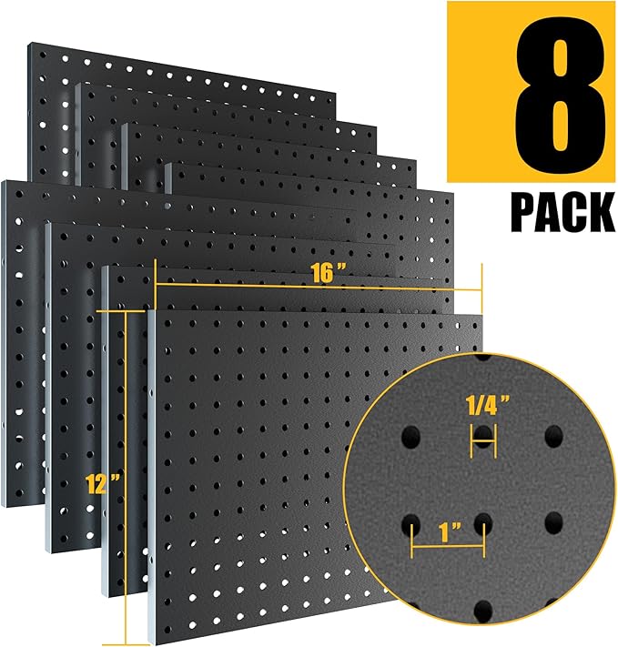 Peg Board, 8 Pack Metal Pegboard Panels Black Pegboards Wall Organizer with Bent Frame Heavy Duty Peg Board for Walls Home, Garage Tool Storage, Office Organization, Craft Room, Kitchen