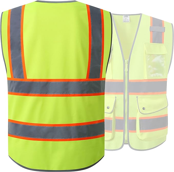 JKSafety 9 Pockets Hi-Vis Neon Yellow Color Zipper Front Safety Vest with Fluorescent Orange Extend Edge outlining the Reflective Tapes Meet ANSI/ISEA Class 2 Standard (901-Yellow, 4XL)