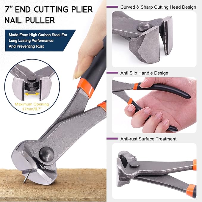Swpeet 4Pcs Nail Pullers Nail Remover Tool 7 Inch End Cutting Pliers Nail Nipper Pliers with 6 Inch Tack Lifter 3 mm Straight Tip, U Tip and V Tip Nail Staple Rivet Tack Puller Staple