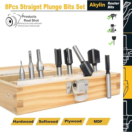 8Pcs Straight Router Bit 1/4 Shank,Cutting Diameter 1/16"-1/8"-3/16"-1/4"-3/8"-1/2"-5/8"-3/4",CNC Carbide Straight Router Bits for Woodworking Routing, Plunging, Dadoing (Wooden Case Package)