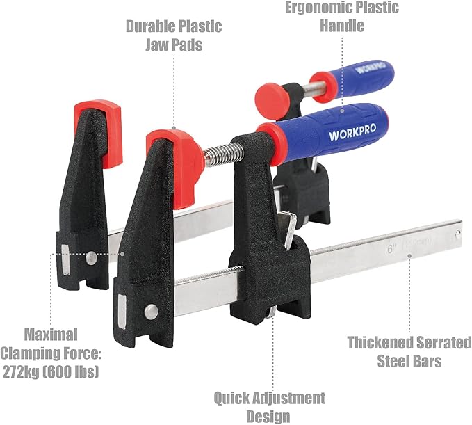 WORKPRO 6-Inch Steel Bar Clamps Set, 2-pack Quick-Release Clutch Style Bar Clamps with 2-1/2" Throat, Micro-Adjustment Handle and 600 lbs Load Limit, Steel F Clamp for Woodworking, Metalworking, DIY