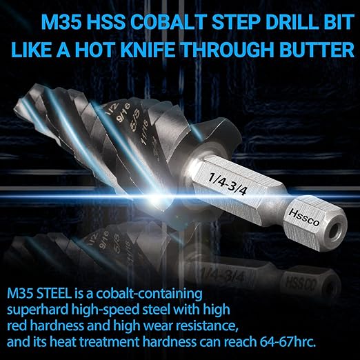 MABLEVI M35 Four Spiral Flute Cobalt Step Drill Bit Set 1/8"-7/8", Wear-Resistant TiAlN Coated 1/4" Hex Shank Unibit Step Bit for Metal, Stainless Steel, Aluminum, Wood, Plastic（3Pcs）