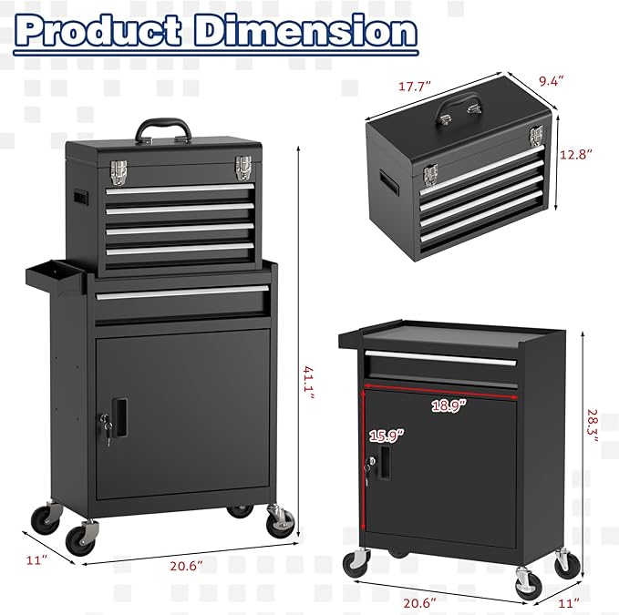 Rolling Tool Box with Wheels, 5-Drawer High Capacity Tool Chest with Wheels, Removable Storage Toolbox with Lock for Garage, Workshop