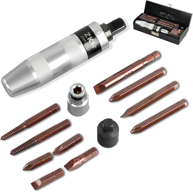 ZKH 3/8" Hand Impact Screwdriver, 1/2" Manual Reversible Impact Driver Includes 10-Piece S2 Steel Slotted, Phillips, Screw Extractor Bit Set for Removing Damaged, Frozen, Rusted Screws and Fasteners