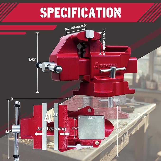 Bench Vise 4.5-Inch Heavy Duty Vise 210° Swivel Base, Multi-Purpose Vise with Large Anvil for Industrial, Home(4.5" Jaw Width)