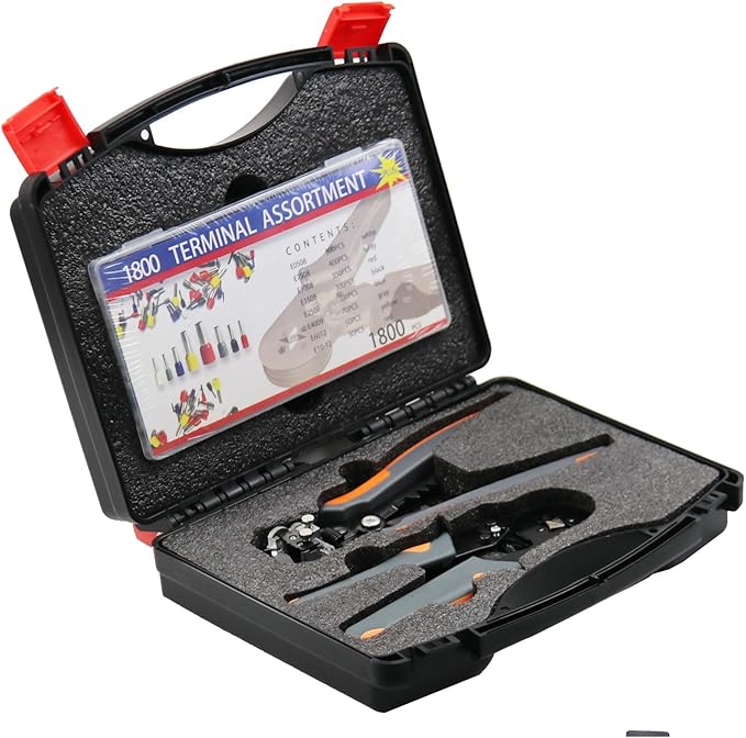 Wire Stripper and Crimping Tool, Automatic wire stripper for AWG10-24 (0.2-6mm2) coils, Self-Adjustable Ratchet Wire Ferrule Plier (6-4A) for AWG23-7 (0.25-10mm²) Terminals and 1800PCS Wire Terminals