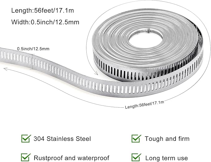 Hose Clamps, DIY 56 FT Metal Strap + 24 Fasteners, Hose Clamps Stainless Steel, Large Adjustable Hose Clamp Pipe Clamp for Pipe Automotive Mechanical Applications