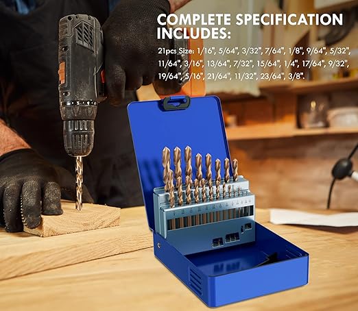 Cobalt Drill Bit Set, 21Pcs M35 High Speed Steel Jobber Length Drill Bit Kit for Hardened Metal, Stainless Steel, Cast Iron, Wood and Plastic, with Index Storage Case, 1/16"-3/8"