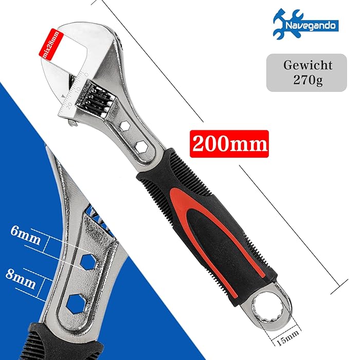 Navegando 8-Inch Adjustable Wrench, High Carbon Steel Adjustable Spanner, Compact Design for Tight Spaces, Non-Slip Grip, Fits 6-28mm Nuts/Bolts, for Plumbing, Automotive & DIY