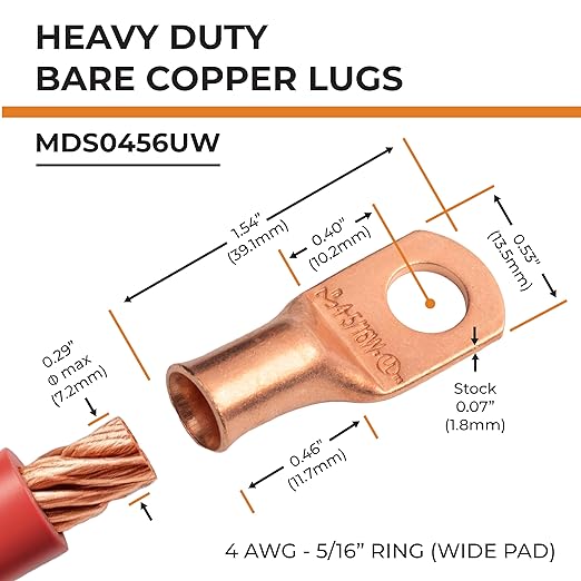 SELTERM 10pcs 4 AWG - 5/16" Stud (Wide Pad) - Battery Lugs, Heavy Duty Wire Lugs, Ring Terminals, Battery Cable Ends,4 Guage Terminals, UL Bare Copper Eyelets Electrical Battery Terminal Connectors