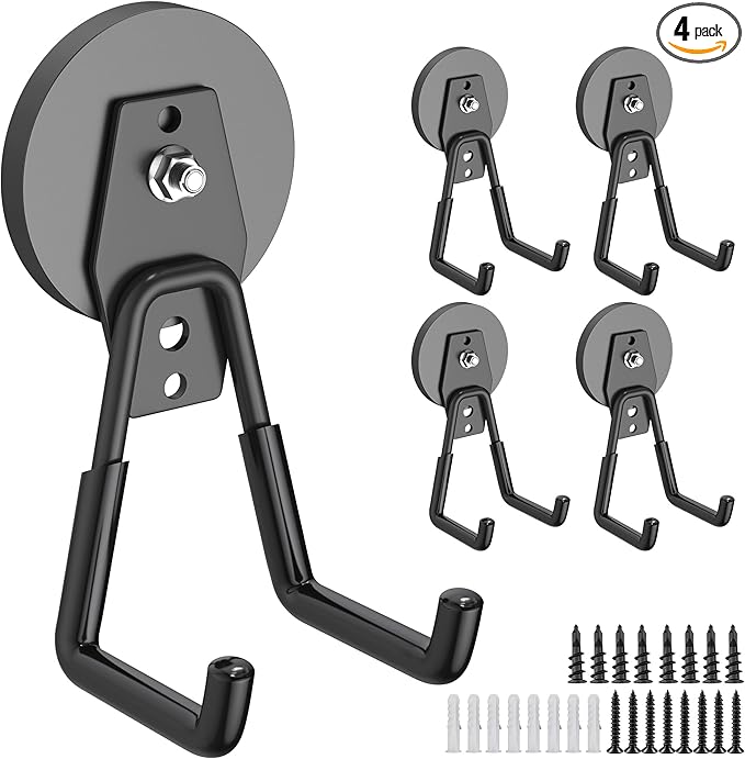 4Pcs Heavy Duty Storage Magnetic Utility Hooks Large Garage Strong Extra Magnet Hooks Hanger with Anti-Slip Coating Heavy Duty Magnetic Hooks for Hanging Power Dril Garage Garden Tools Black