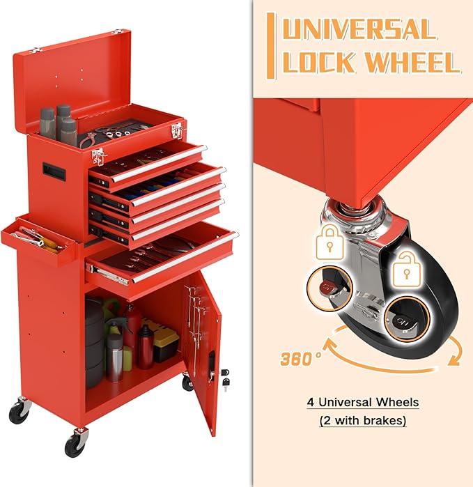 5-Drawer Rolling Tool Chest with Wheels, Lockable Metal Tool Box with Drawers, Detachable Top Cabinet & Storage Cart for Garage Workshop,Repair Room(Red)