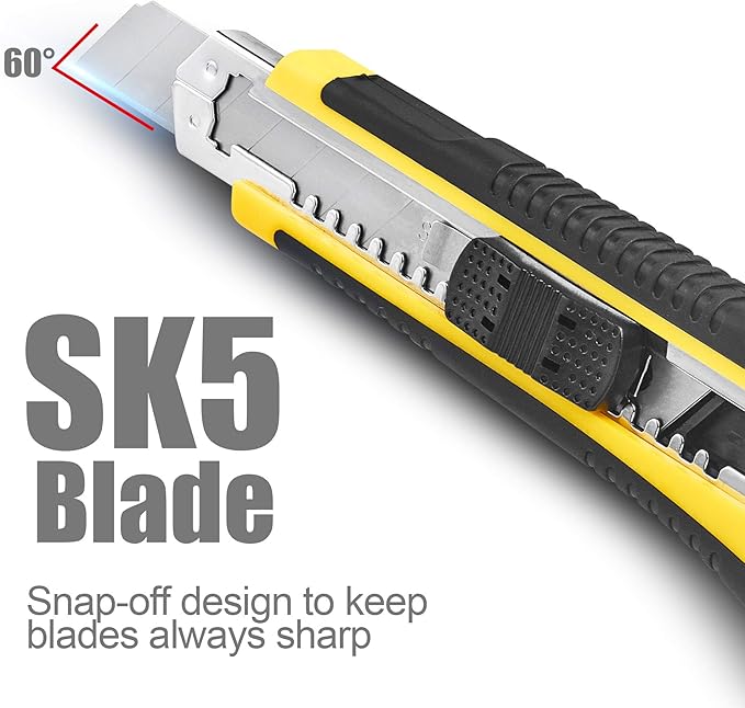 DOWELL Utility Knife Box Cutter Retractable Self Loading Heavy Duty Snap Off Quick Change Extra Blades(3PCS) TPR+PP Handle Cutting Cardboard Boxes or DIY 3Pack