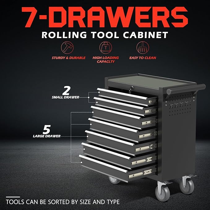 7-Drawer Rolling Tool Chest,Metal Rolling Tool Chest with Wheels and Locking Tool Box,Portable Metal Tool Box for Warehouse,Garage, Repair Shop, Workshop (Black, 7-Drawer)