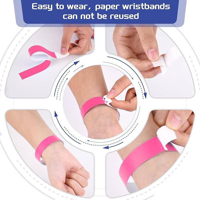 2000 Pcs Paper Wristbands for Events Waterproof Neon Pink Wrist Bands Adhesive Concert Identification Wristbands Hand Bands for Events(Pink)