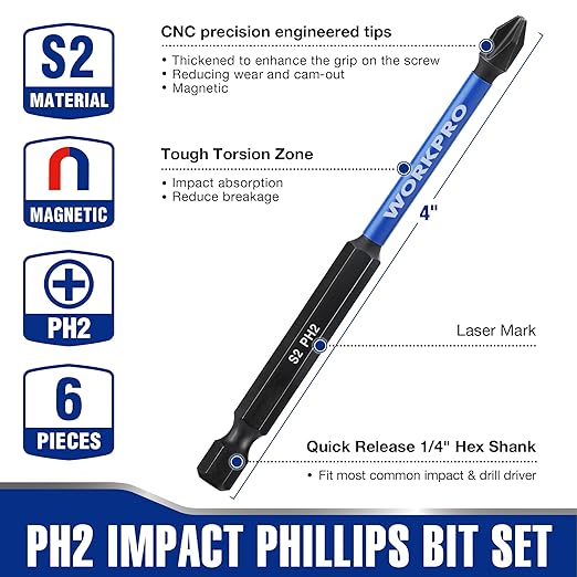 WORKPRO 6pcs PH2 Impact Phillips Screwdriver Bit Set, S2 Professional CNC Anti-Slip Magnetism Bits, 1/4" Hex-Shank #2 Phillips Impact Driver Bits, 4" Long Impact Screwdriving Bits with Holder
