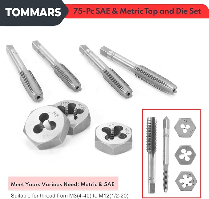 TOMMARS 75-Pc Tap and Die Set, SAE & Metric Hex Thread Taps Dies Wrench Metric Sizes M3 to M12 & Standard Sizes #4 to 1/2" Type NC NF NPT