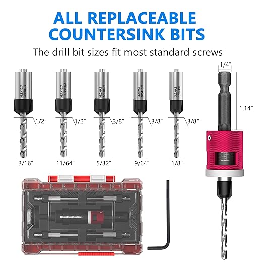 5-Piece Countersink Drill Bit Set with Adjustable Depth Stop, 1/4" Hex Shank Quick Change Drilling Tool Kit, 82° Woodworking Chamfer Bits for Wood, Plywood, MDF, Plastic