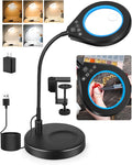 Flexible Gooseneck 2-in-1 Magnifying Glass with Light and Stand,10x & 5x Real Glass Lens Magnifying Lamp, 5 Color Stepless Hands-Free LED Desk Lamp with Clamp for Painting, Crafts, Reading (Blue)