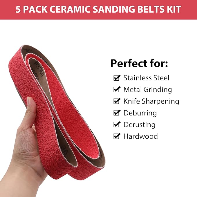 2 x 42 Inch Ceramic Grinding Belts, 36 Grit 2x42 Metal Sanding Belt, Sharpening Sander Belts for Knife Metal, 5 Pack