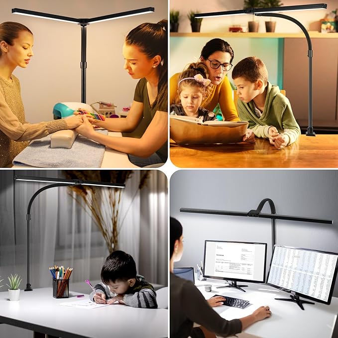 LED Desk Lamp for Office Dorm Home - Eye Caring Desk Light with Timer, Remote Control 24W 5 Color Brightest Dual Screen Computer Monitor Gooseneck Dimmable Table lamp with Anti-Glare Cover Base
