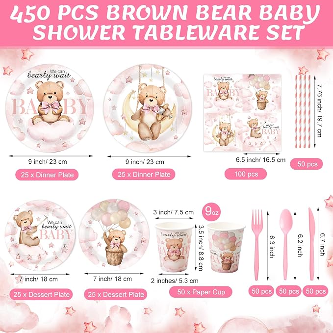 450 Pcs Pink Bear Baby Shower Tableware Set Decorations We Can Bearly Wait - Image 2