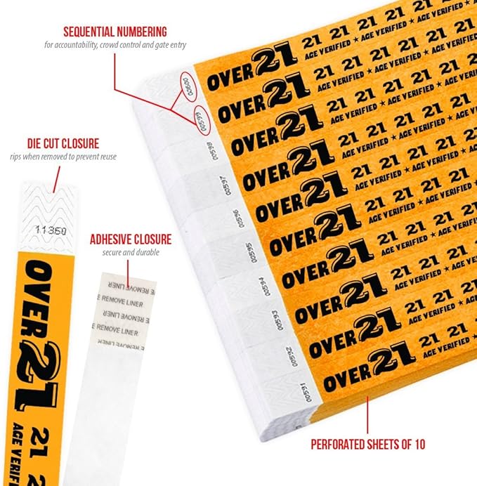 200 WristCo Over 21 Neon Orange Tyvek Wristbands for Events - ¾” x 10” - Waterproof Recyclable Comfortable Tear Resistant Paper Bracelets Wrist Bands for Concerts Festivals Admission Party