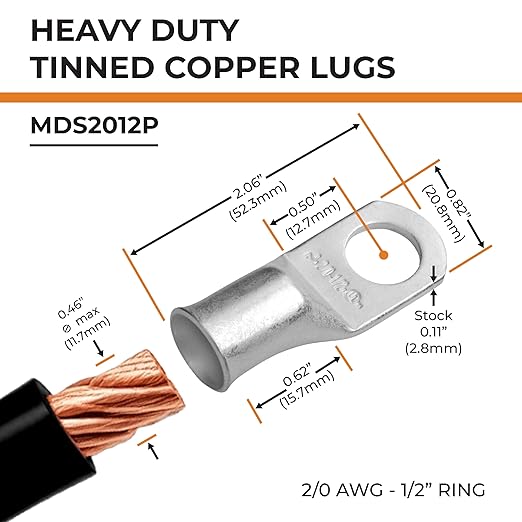 SELTERM 15pcs 2/0 AWG 1/2" Stud UL Marine Grade Battery Terminal Connectors Tinned Copper Battery Cable Lugs 00 Gauge Wire Connectors Electrical Battery Cable Ends Ring Terminals Tinned Copper Lugs