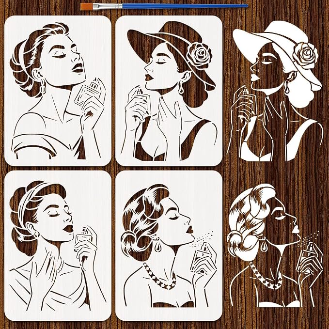 FINGERINSPIRE 4Pcs Perfume Woman Painting Stencil by FINGERINSPIRE