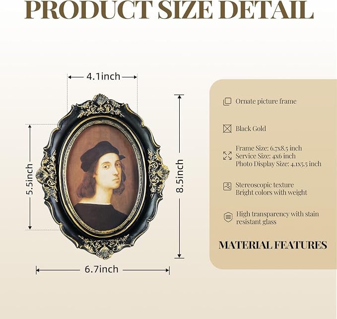 Cuspin 4x6 Oval Picture Frame, Vintage Ornate Baroque Black and Gold Resin - Image 4