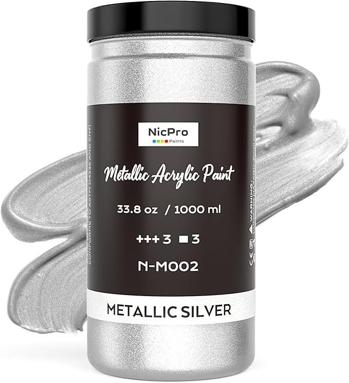 Nicpro Metallic Silver Acrylic Paint, 33.8oz/1000ml Large Silver Leaf Paint | by Nicpro