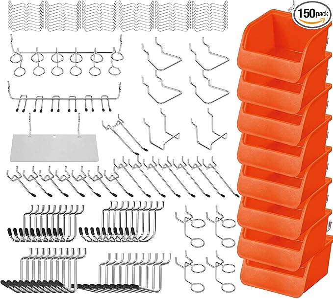 HORUSDY 150-Piece Pegboard Hooks Assortment, Pegboard Accessories with Pegboard Bins for Organizing Various Tools