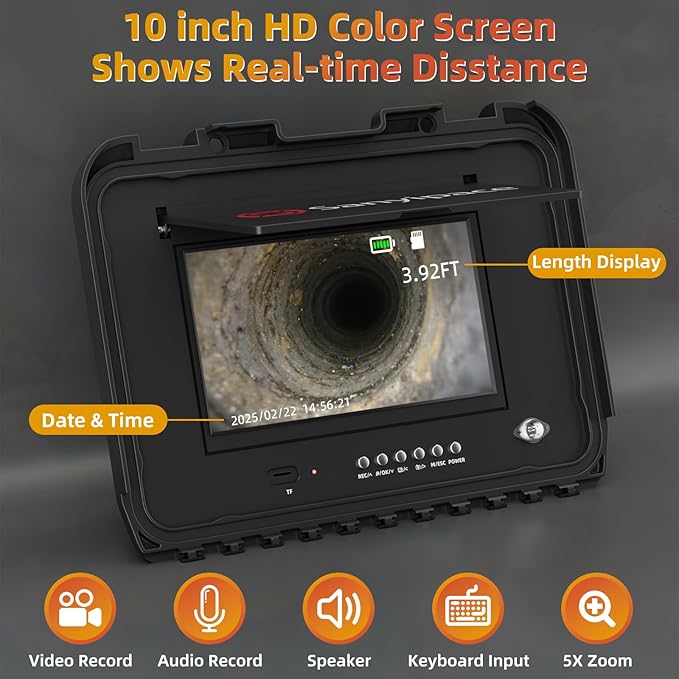 Sanyipace Sewer Camera 165FT/50M with Wheels and Retractable Handle, Self-Leveling, Support 512Hz Locator, Meter Counter, Video Audio Record, Speaker, Keyboard Input, 5x Zoom, 10" HD Screen, 7mm Cable