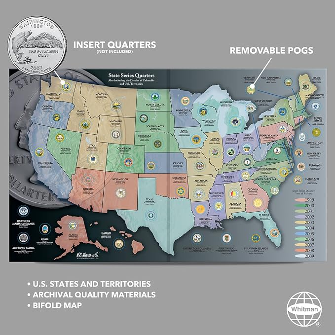 Whitman Coin Collector’s Wall Display Board Coin Map US State Quarter Series - Image 2